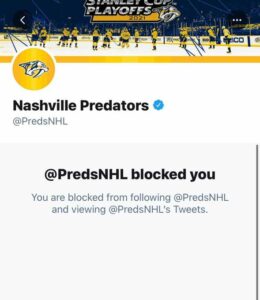 The Carolina Hurricanes were blocked by the Nashville Predators Twitter account after eliminating them in six games.