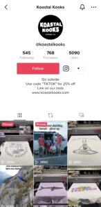 A TikTok account page of Koastal Kooks showing follower totals and videos