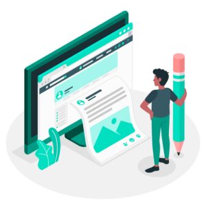 Illustration of a person developing and expanding content on a computer, symbolizing the process of creating a marketing campaign.
