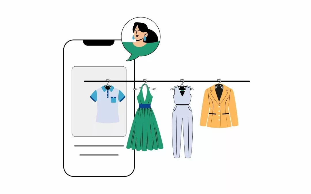 Sketch of 4 clothing items hanging from a smart phone representing digital marketing.